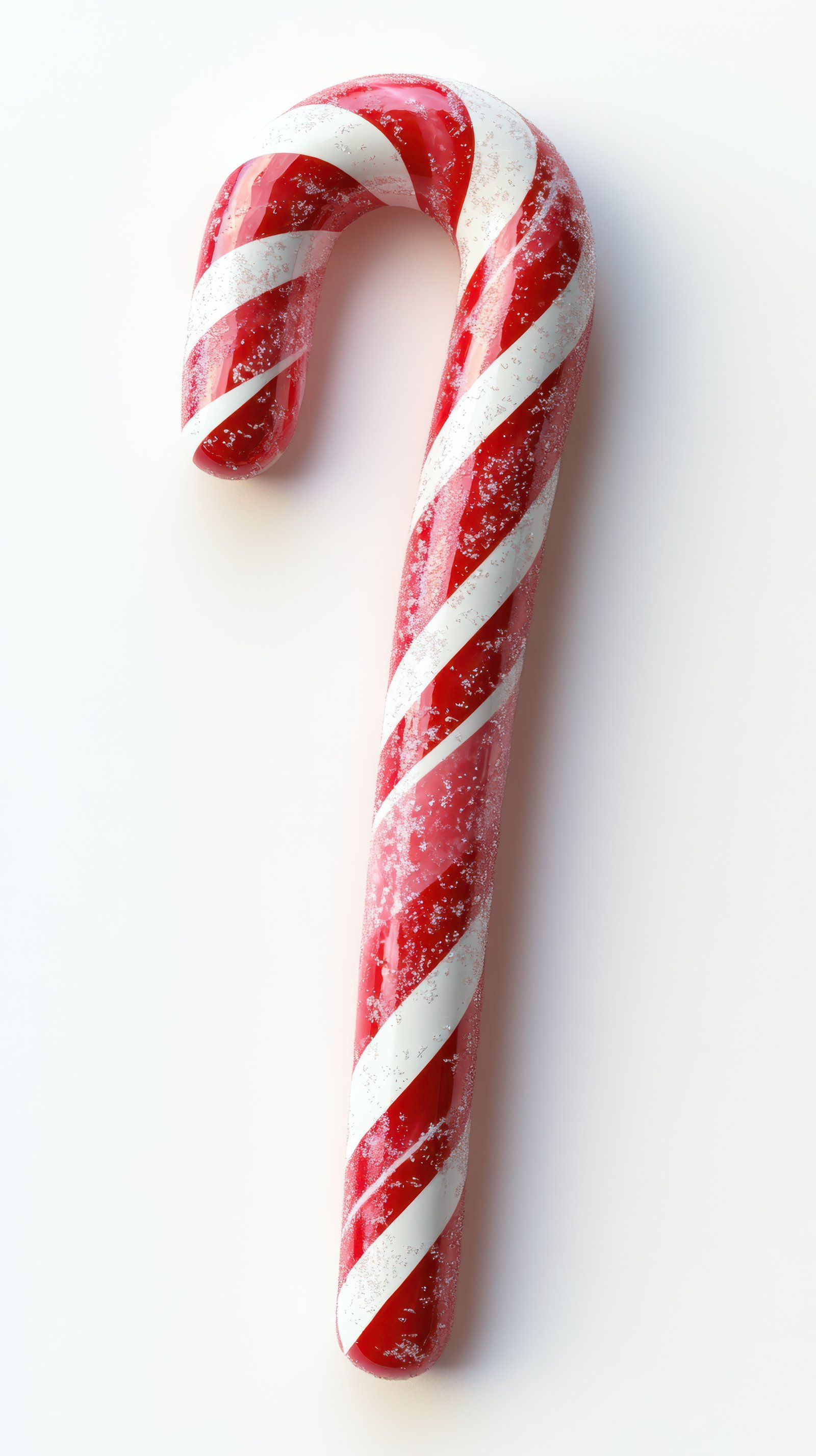 Candy cane with red and white stripes resting on a white surface during the holiday season